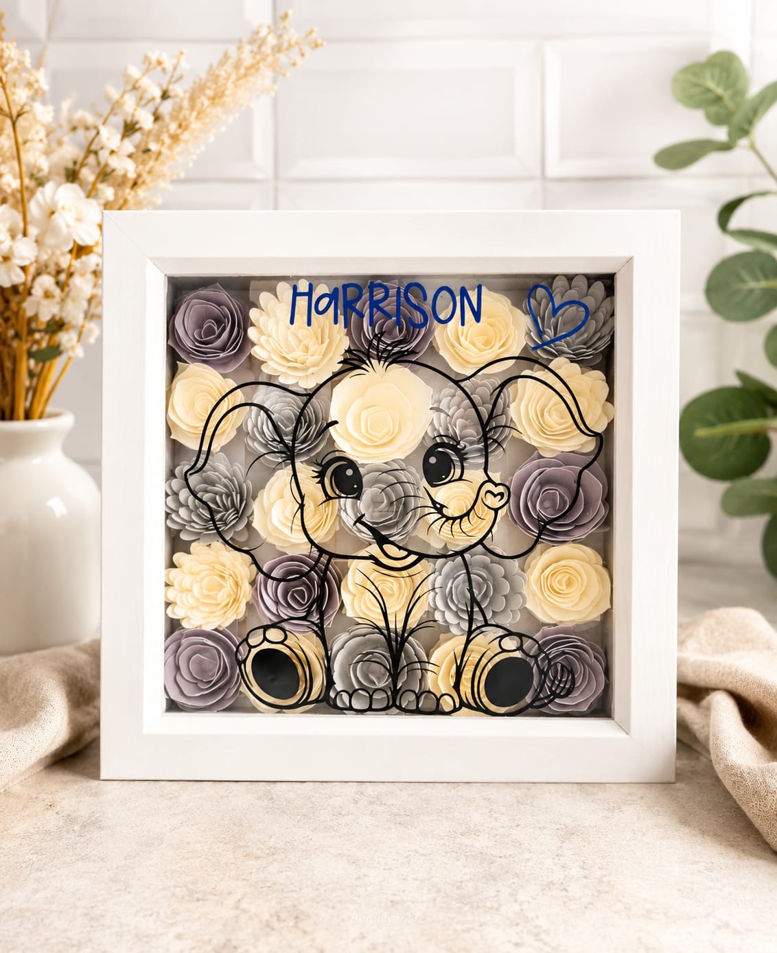 Personalised elephant shadow box, child's room decor/keepsake