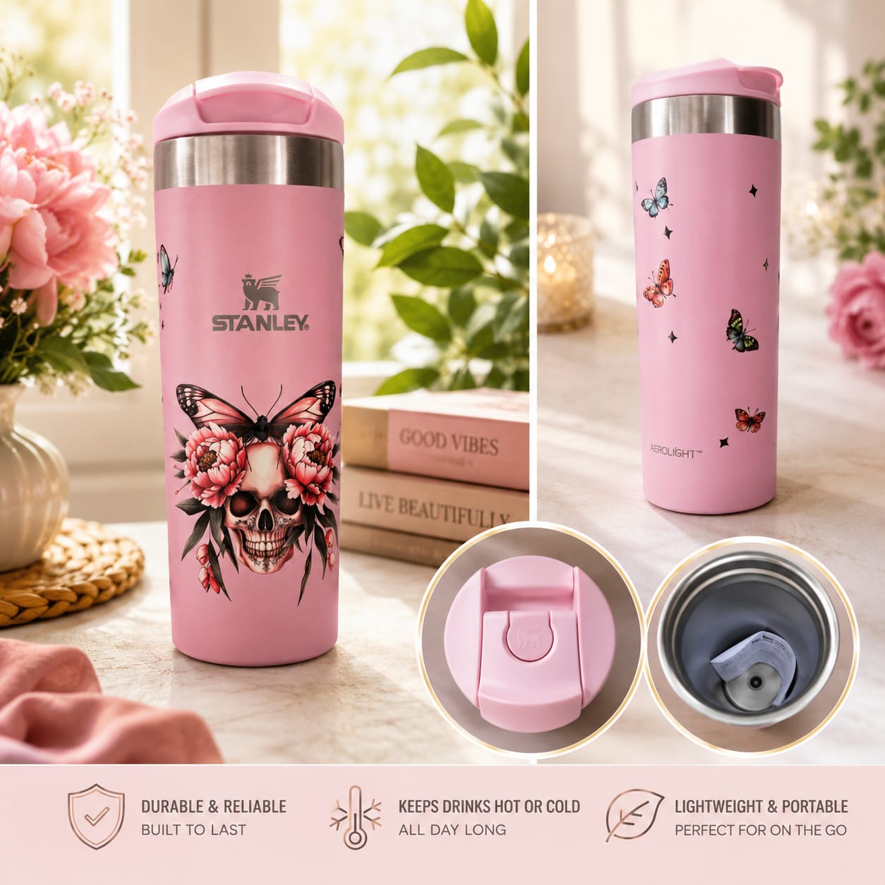 Customised pink stainless steel Stanley transit mug