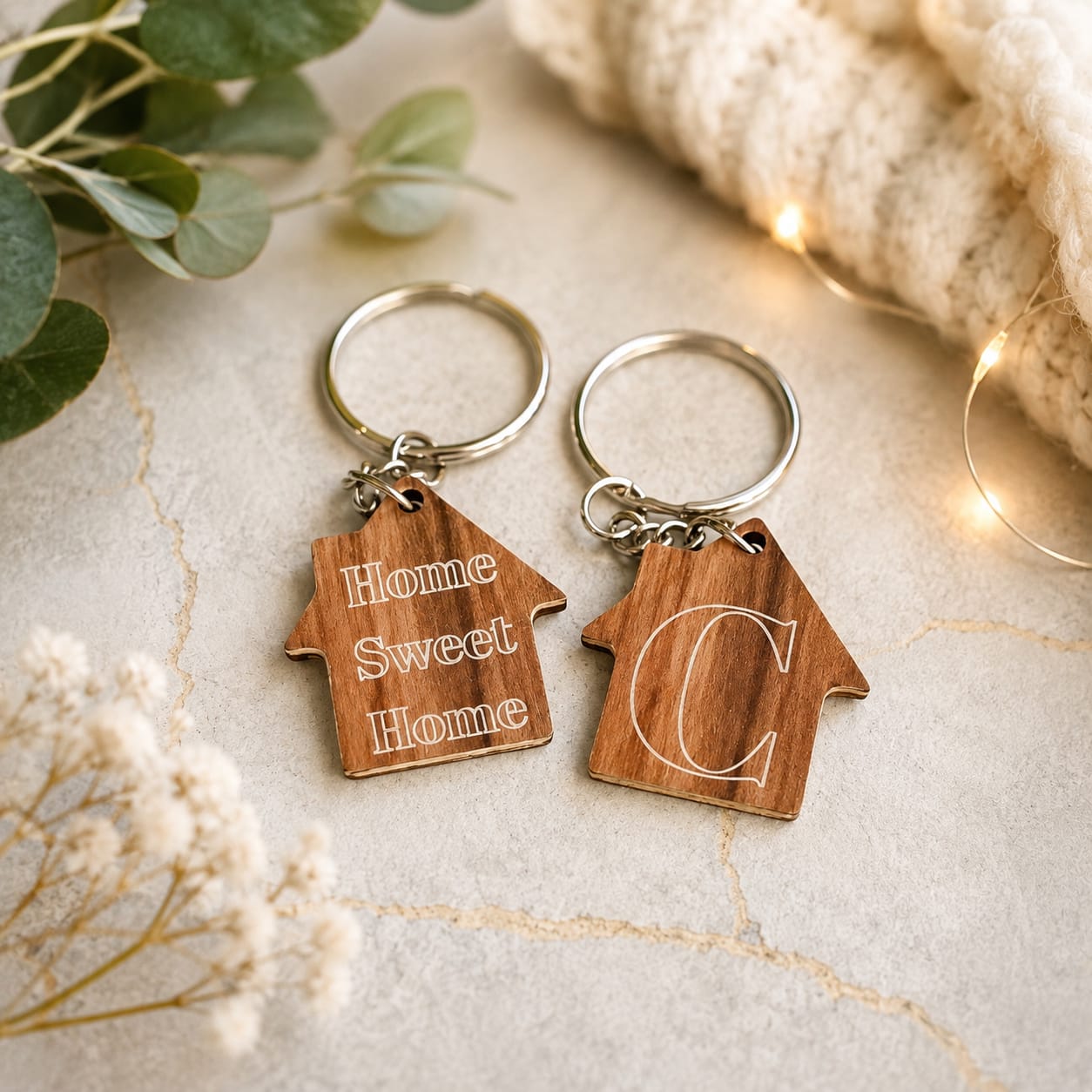 Personalised Home Sweet Home wood keyring