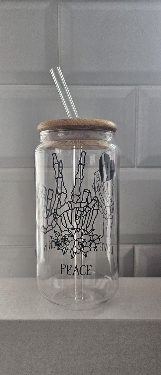 Peace, Love, Rock n Roll. Glass tumbler with bamboo lid and glass straw