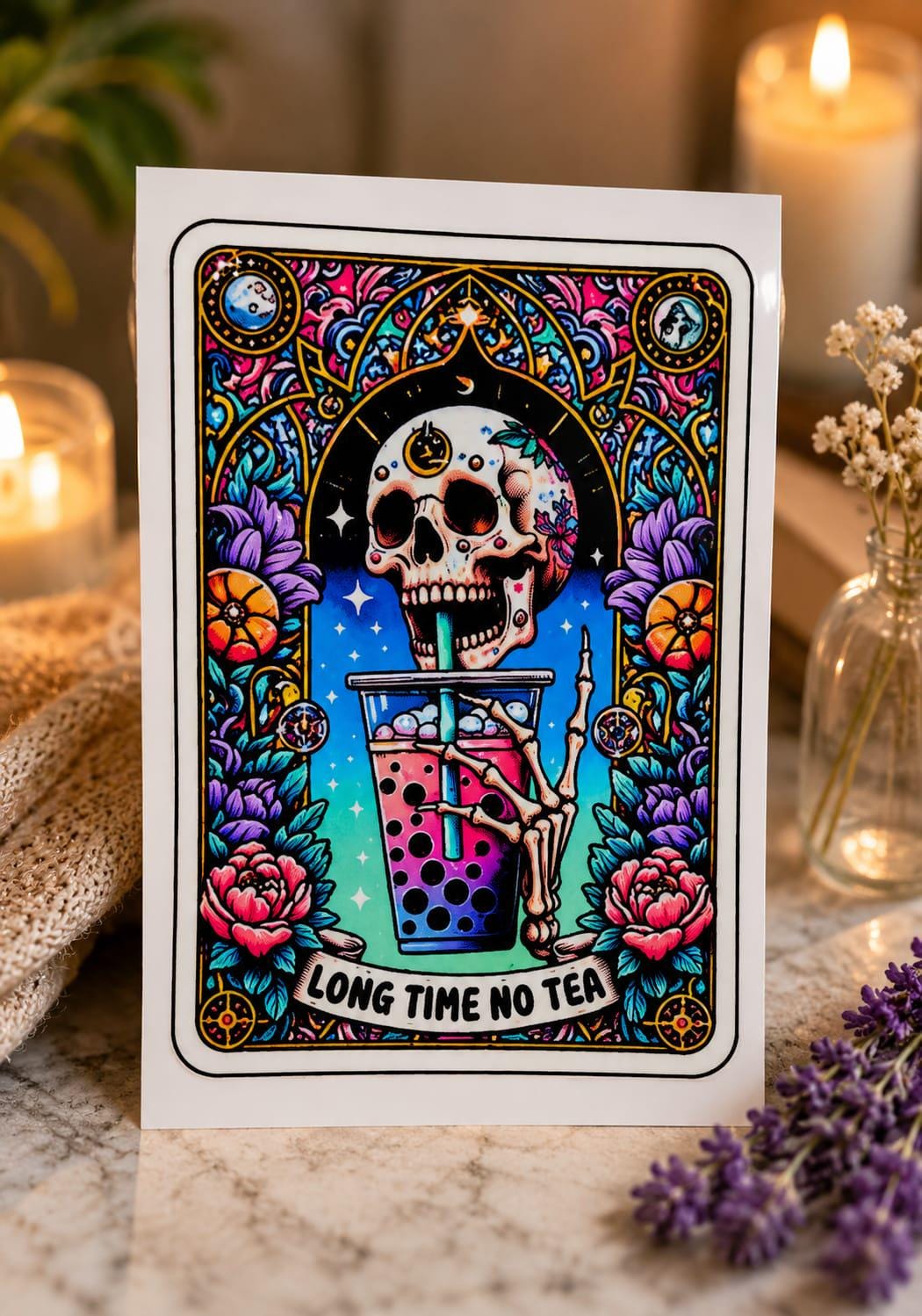 Skeleton tarot glass tumbler with bamboo lid and glass straw
