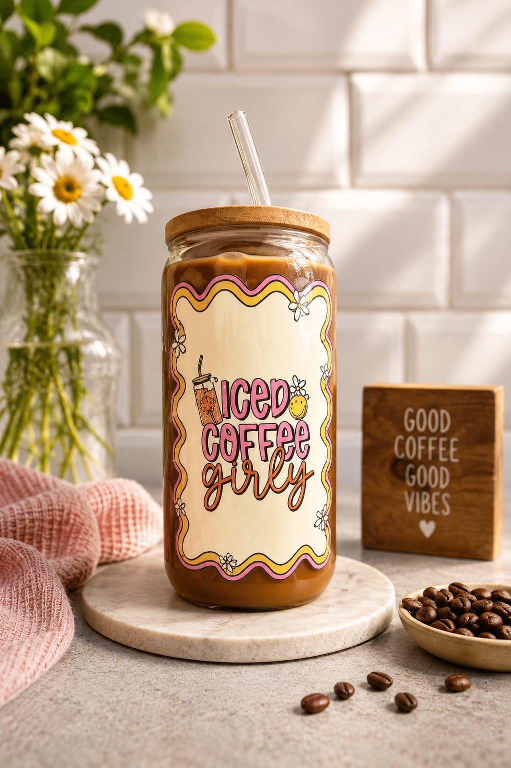 Coffee girly glass tumbler with bamboo lid and glass straw