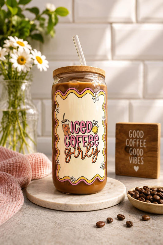 Coffee girly glass tumbler with bamboo lid and glass straw