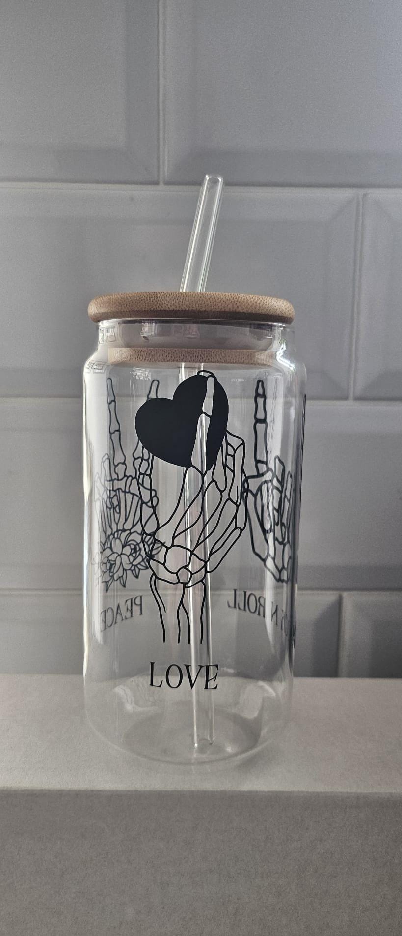 Peace, Love, Rock n Roll. Glass tumbler with bamboo lid and glass straw