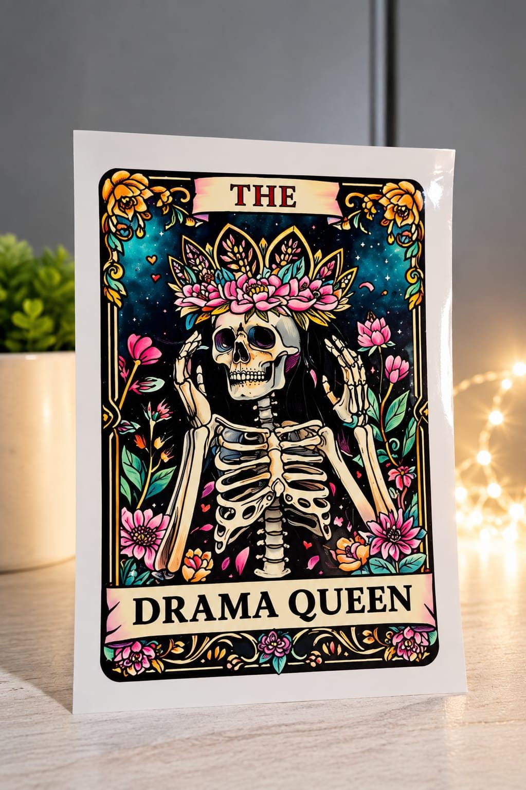 Skeleton tarot glass tumbler with bamboo lid and glass straw
