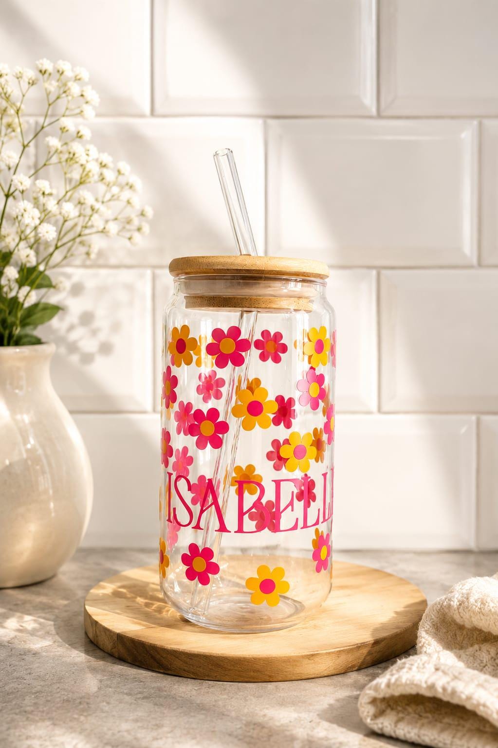 Personalised flower glass tumber with bamboo lid and glass straw
