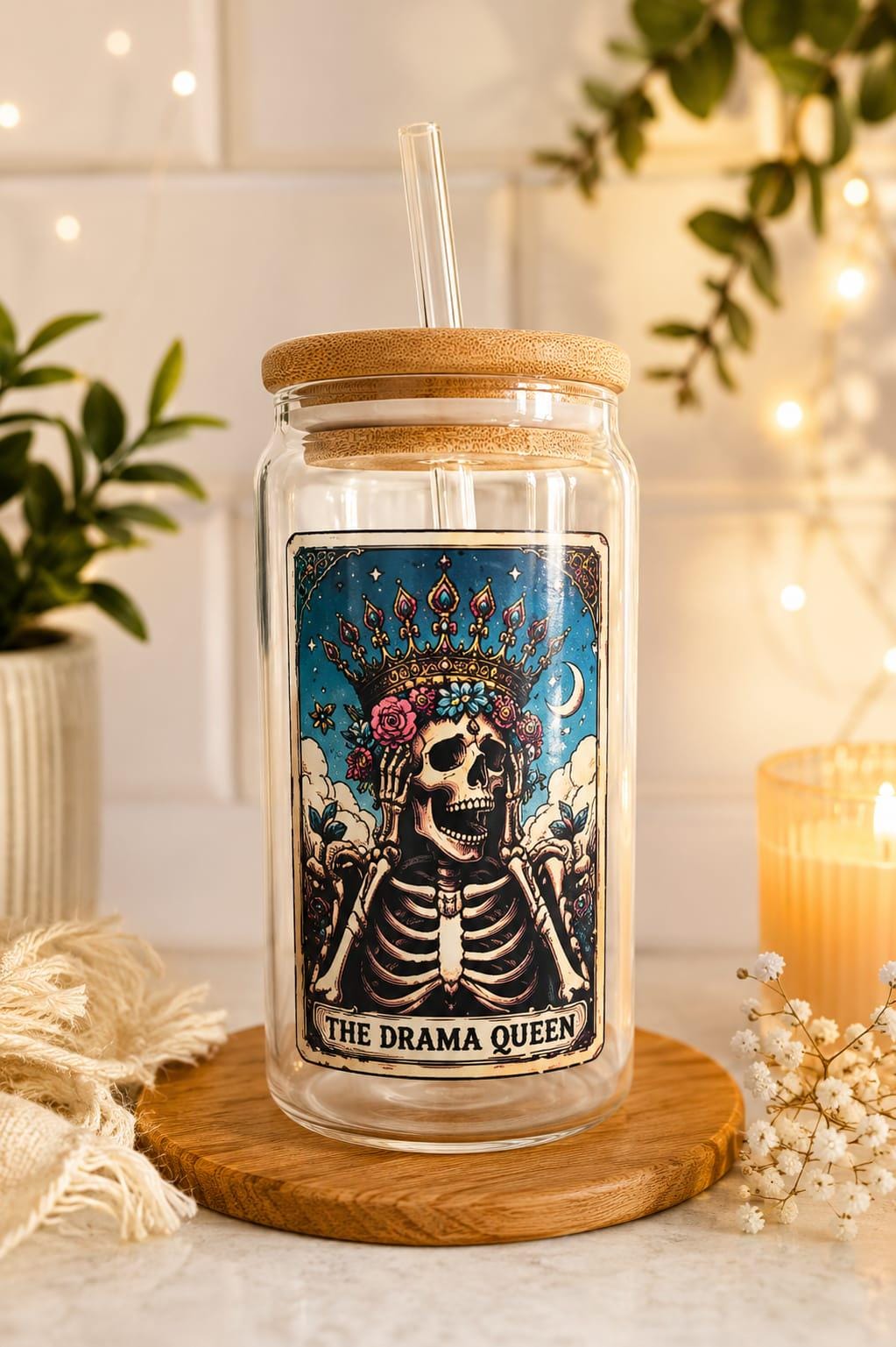 Skeleton tarot glass tumbler with bamboo lid and glass straw