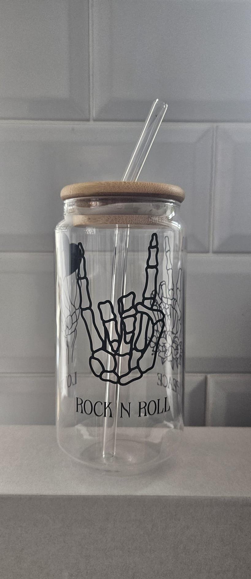 Peace, Love, Rock n Roll. Glass tumbler with bamboo lid and glass straw