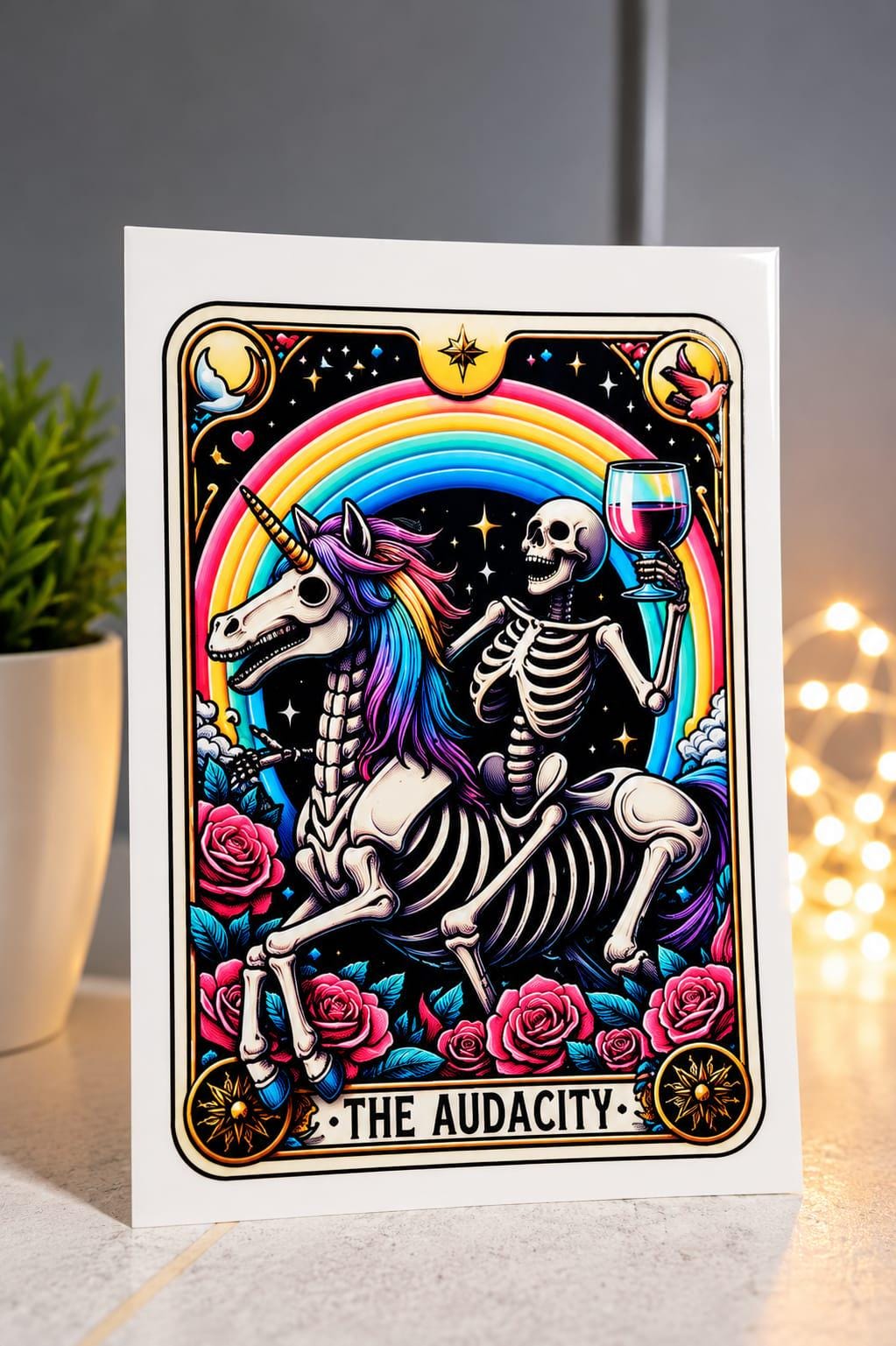 Skeleton tarot glass tumbler with bamboo lid and glass straw