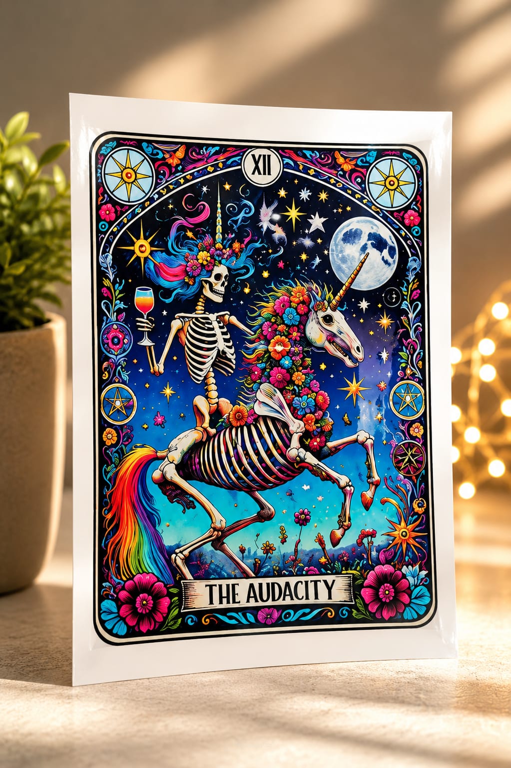 Skeleton tarot glass tumbler with bamboo lid and glass straw