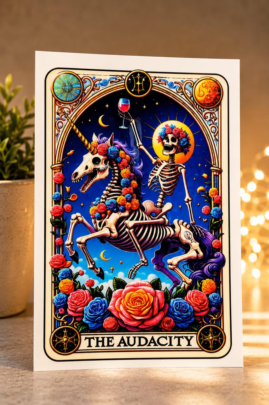 Skeleton tarot glass tumbler with bamboo lid and glass straw