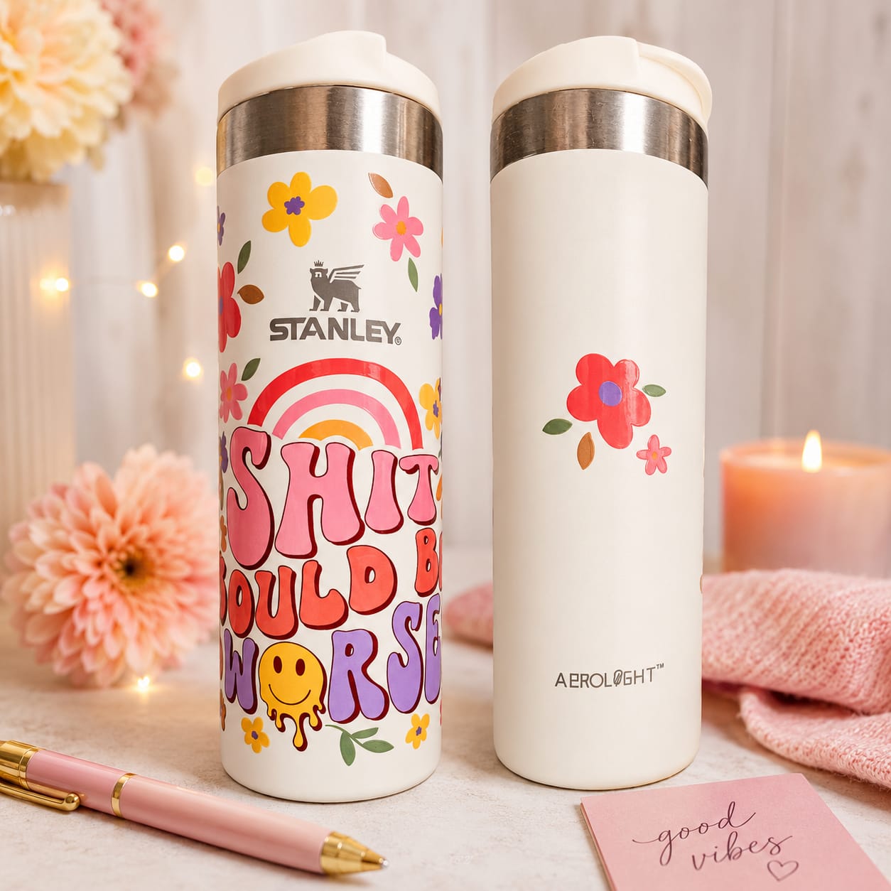 Customised cream stainless steel Stanley transit mug