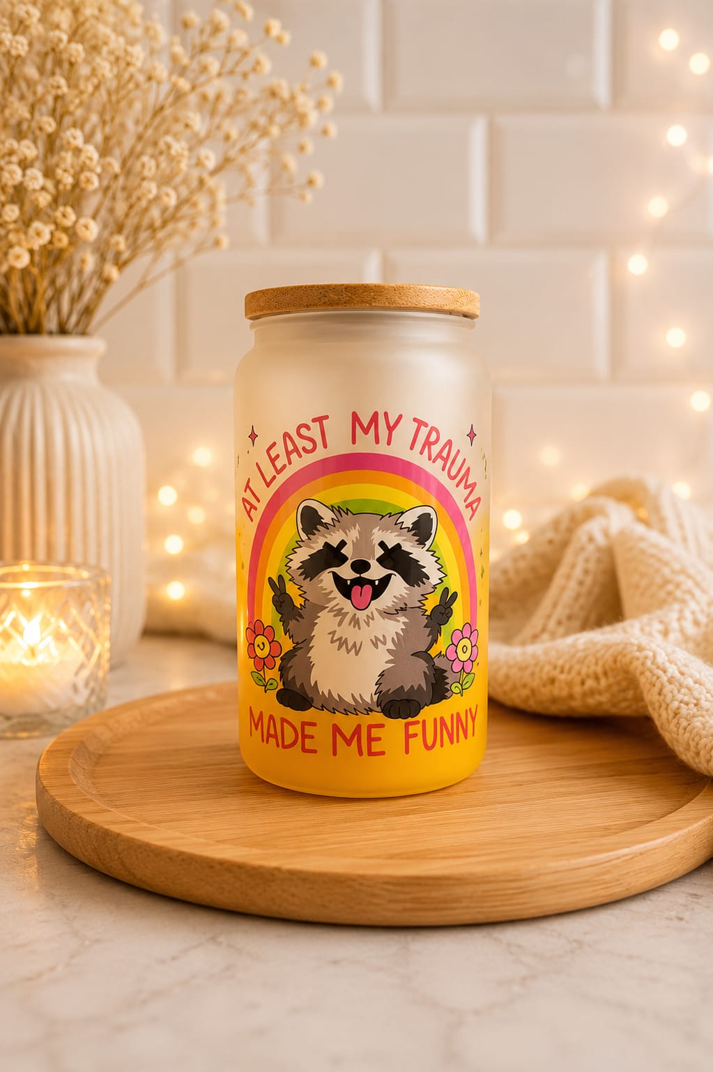 Ombré glass tumbler with bamboo lid and glass straw